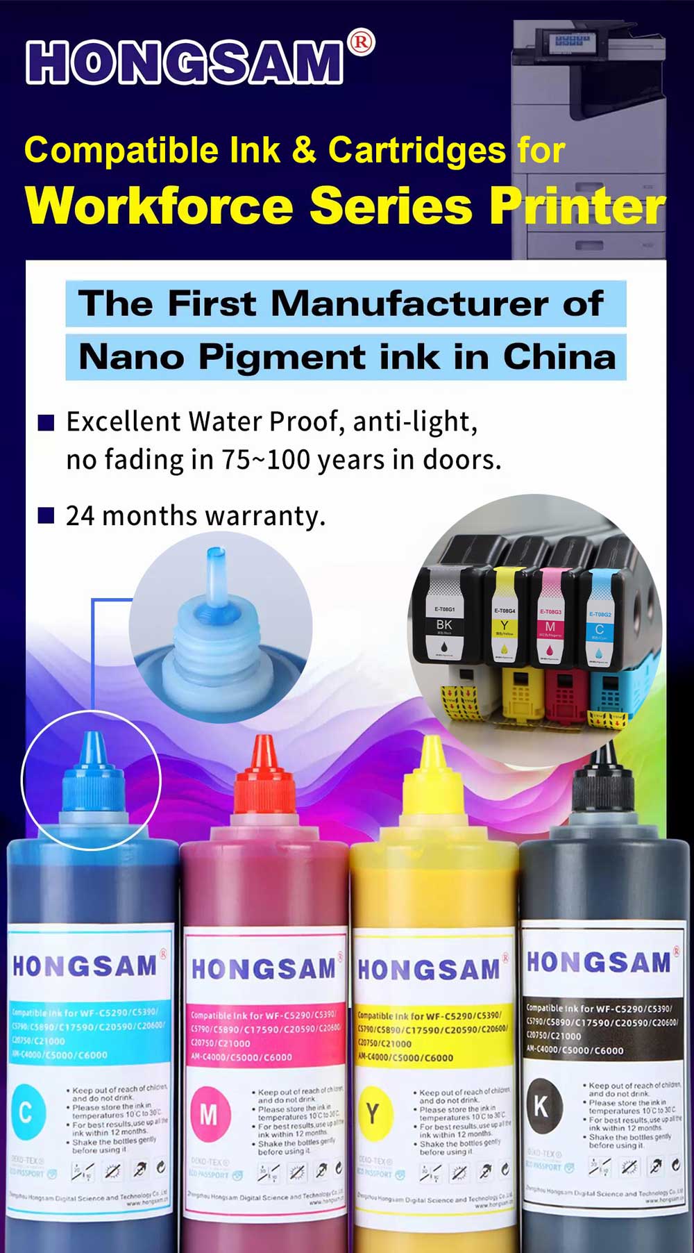 Hongsam compatible pigment ink and cartridges for Epson workforce series printers